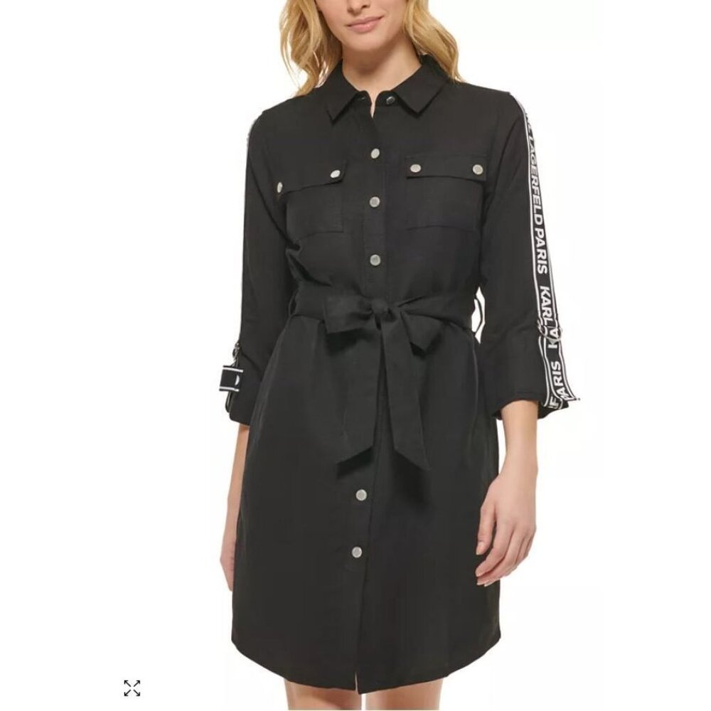Karl Lagerfeld Paris Women's Black Linen Blend Logo Tape Shirtdress Sz 4 2444 - Picture 4 of 16
